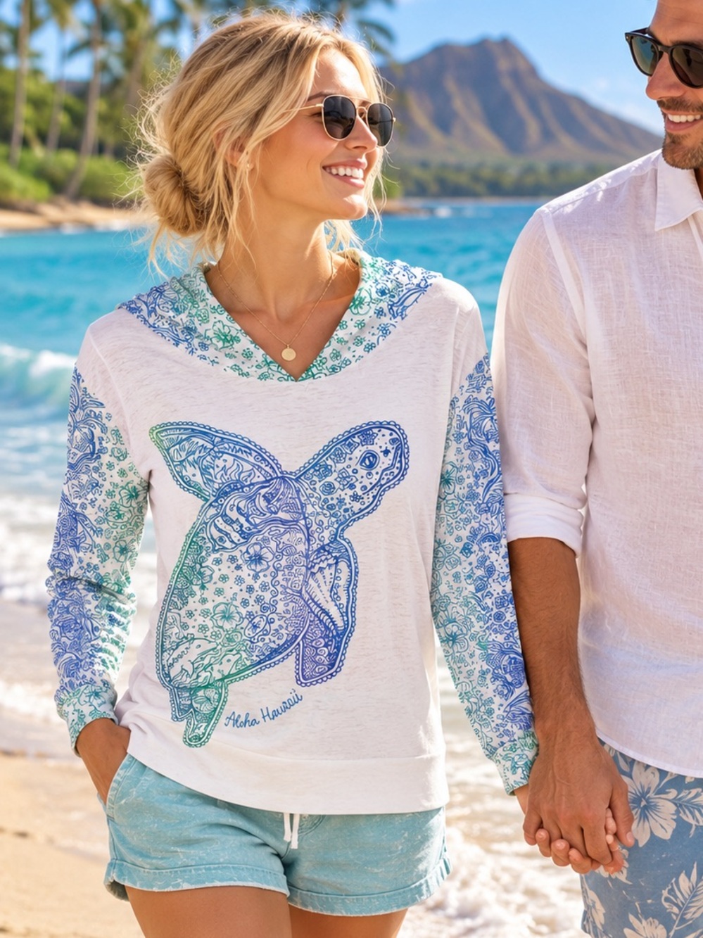 Ken Wahine Hawaii Sea Turtle Hoodie Top Lg Blue Green Aloha Lightweight Beach